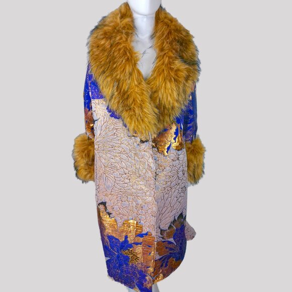 Oookies Wear Handmade Multicolor Afghan Swing Faux Fur Trimming Coat - Picture 1 of 10
